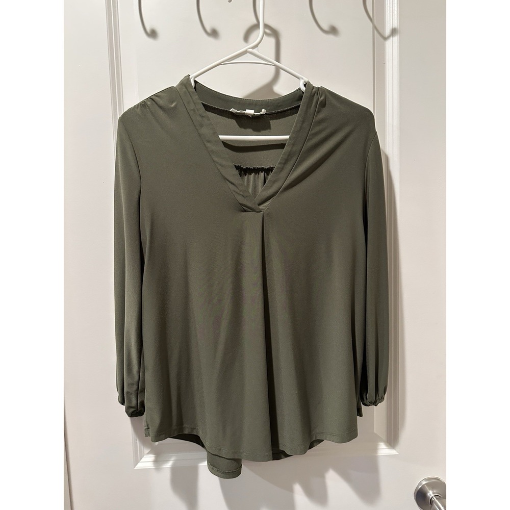 Two by Vince Camuto Women's V-Neck Blouse, 3/4 Sleeve, Olive Green Size: Small